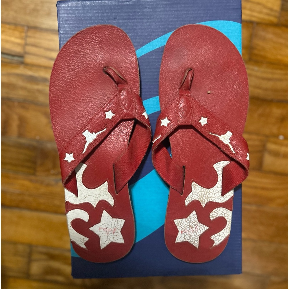 Red leather flip flops size 10